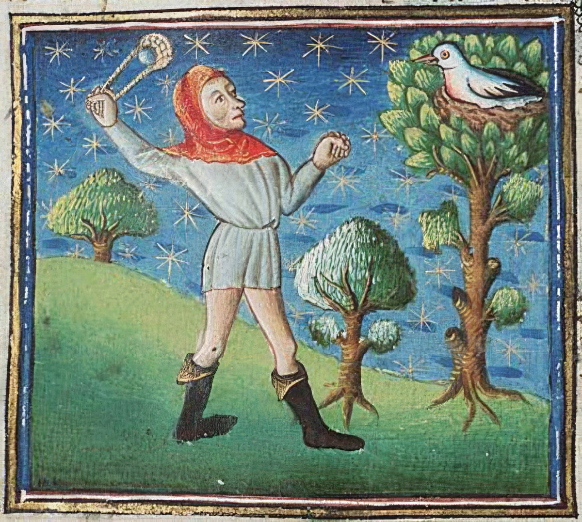 Medieval illustration of a person with a bird and trees in the background