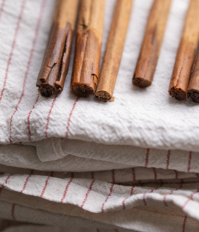 Ceylon cinnamon stick on a white table cloth